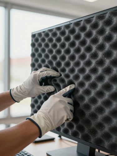Tight, macro shot of a professional mover's hands in clean gloves wrapping a high-end desktop monitor in heavy-duty protective foam, bright natural daylight from an office window, shallow depth of field.