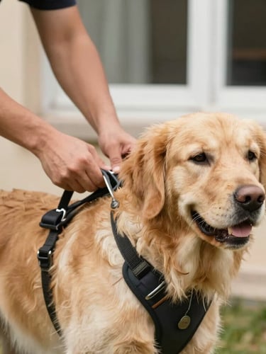 A close-up of a handler gently securing a sturdy harness on a calm golden retriever, warm window light, soft focus background