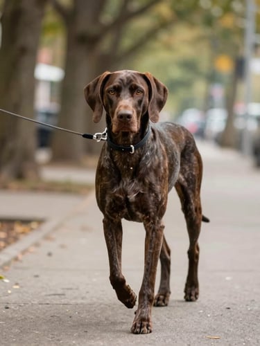 A sleek, focused German Shorthaired Pointer walking on a loose leash down a tree-lined city sidewalk, eye-level perspective, natural outdoor daylight, rich organic tones, shallow depth of field, 35mm