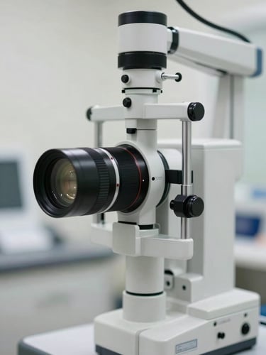 Macro shot of a modern ophthalmic slit lamp diagnostic machine in a brightly lit, sterile clinic environment.