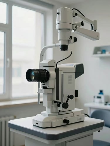Bright and modern ophthalmic clinic interior in Thergaon, showing a sterile slit lamp diagnostic machine under clean, natural window light, clinical-editorial style.
