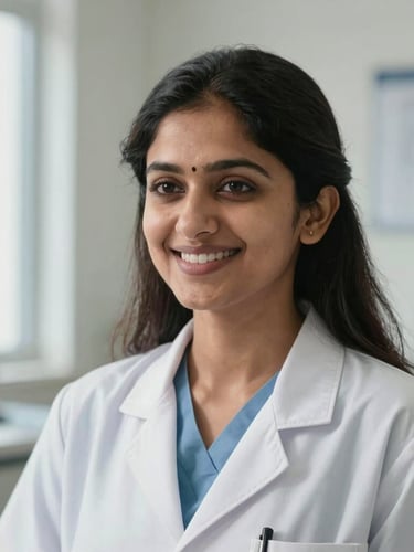 Medium close-up of Dr. Kalpita Raut in professional clinical attire, smiling warmly in a bright, modern clinic environment, natural daylight.