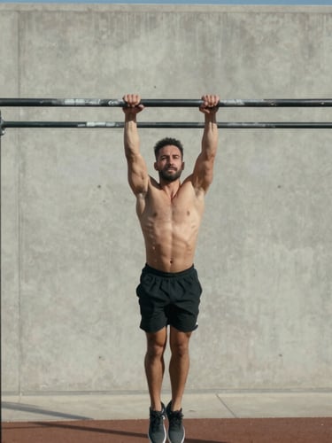 Wide environmental shot of a calisthenics athlete performing a perfect human flag on an outdoor bar, sharp side-lighting, clean minimalist concrete background.