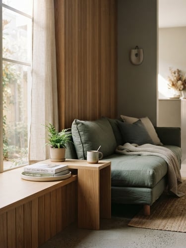 Sunlit minimalist wellness clinic interior, warm oak wood, soft morning window light, linen textures, muted sage and slate tones, shallow depth of field, 35mm