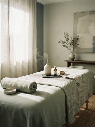 Sunlit minimalist treatment room with linen curtains, soft morning window light, muted sage and slate tones, shallow depth of field, 35mm