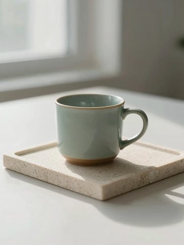 Close-up of a minimalist consultation desk with a ceramic mug and raw stone tray, soft morning light casting gentle shadows, 35mm