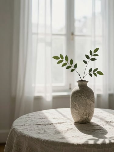 Sunlit minimalist treatment room, close-up of natural linen textures and a textured stone vase with a single green branch, soft morning window light, 35mm