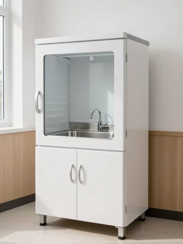 Straight-on architectural elevation of a pristine dental sterilization cabinet, jointless white surfaces, integrated stainless steel sink, bright natural daylight, soft studio fills
