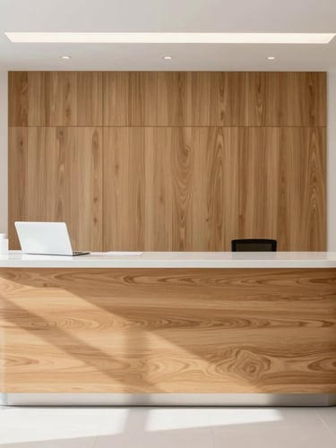 Straight-on architectural elevation of a premium dental clinic reception desk, warm oak wood panels paired with seamless white solid surface countertop, bright natural daylight, minimalist background
