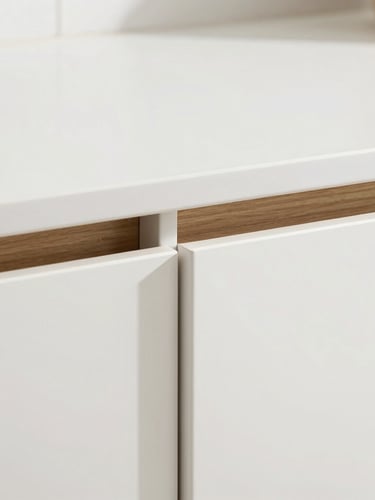 Close-up of seamless cabinet joints and integrated chemical-resistant surfaces, bright natural daylight, clean architectural photography