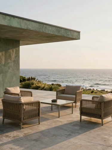 Architectural modern concrete terrace overlooking the ocean at golden hour, minimalist outdoor furniture set with weather-resistant weaves, clean lines, 35mm photography