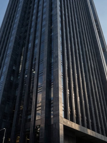Symmetrical wide-angle architectural perspective of a modern financial center building in Panama City, cool morning daylight, sharp shadows, deep slate tones, 35mm lens.