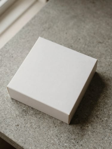 Overhead macro flatlay of a minimalist white product box on a textured grey stone surface, soft natural window light, warm shadows, 35mm photography