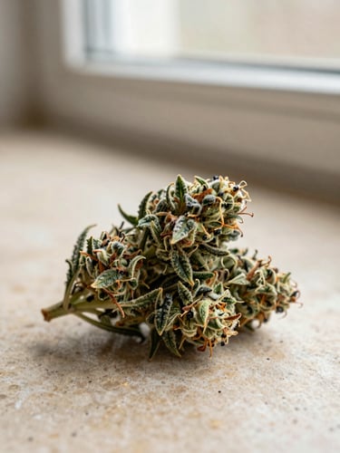 Macro close-up of frosty green cannabis buds resting on a neutral warm stone surface under soft natural window light