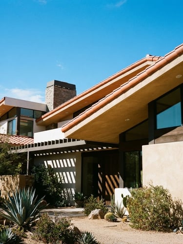 Low-angle architectural shot of a modern desert home with clean terracotta tile roof lines under harsh, bright Palm Springs sunlight, high-contrast shadows, 35mm.