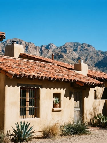 Warm architectural photography, bright desert sunlight, high-contrast terracotta tile roofline, sharp details, clear blue desert sky, mountains in background, 35mm