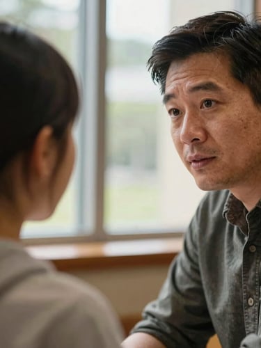 Candid close-up of a mentor listening intently to a student, warm natural window light, soft depth of field, authentic interaction in a library setting, Pacific Northwest.