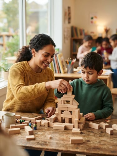 Candid medium shot of a mentor and a young student working on a wooden block structure under soft afternoon window light, natural tones, focused expressions.