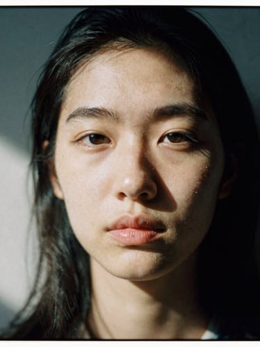 Moody 35mm film portrait of a subject in harsh sunlight, deep geometric shadows cutting across the face, raw grain, desaturated tones.