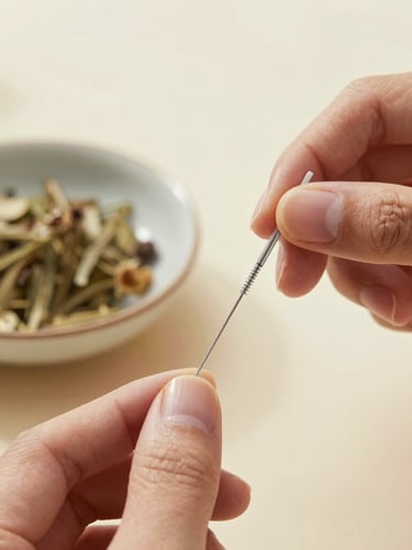 Macro close-up of hands preparing sterile acupuncture needles next to a small ceramic dish with dried herbs, soft diffused natural daylight, warm sage tones, shallow depth of field