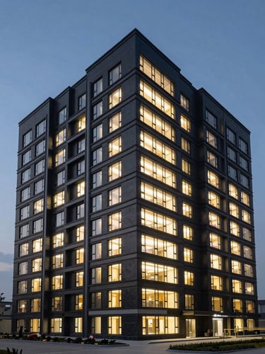 Wide-angle exterior shot of a completed mid-rise building at dusk, deep charcoal surfaces contrasting with illuminated interior grids, high-contrast industrial lighting.