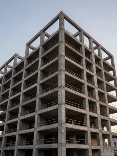 Wide-angle exterior shot of a completed mid-rise building at dusk, raw concrete and steel framing visible, overcast daylight emphasizing form and texture.