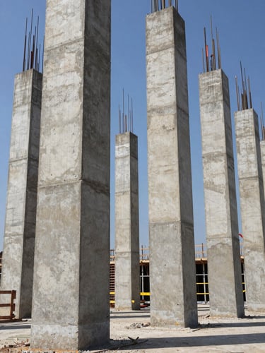 Low-angle heroic shot of an active, highly organized construction site, raw poured-in-place concrete columns casting sharp geometric shadows under high-contrast natural sunlight.