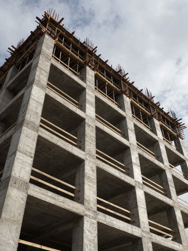 Low-angle heroic shot of an active mid-rise construction site, exposed concrete pillars and structural steel framing against a high-contrast overcast sky, strong geometric shadows.