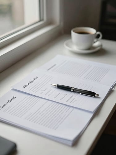 Wide environmental shot of a financial planning desk from the left side, north-facing window light falling across open documents and a pen resting on handwritten notes, a coffee cup slightly out of focus in the background, clean organized surface, calm and methodical atmosphere