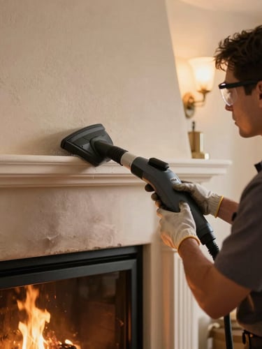 Medium shot of a CSIA-certified technician in uniform, wearing gloves and safety glasses, meticulously cleaning a fireplace hearth with specialized vacuum equipment, warm ambient indoor lighting, rich charcoal and amber tones.