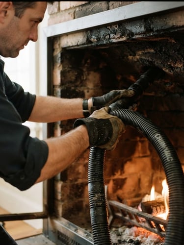 Technician using a specialized vacuum system to clean a chimney flue, close-up on the technician's hands and the vacuum hose, warm ambient indoor lighting, sharp focus, rich charcoal and amber tones.