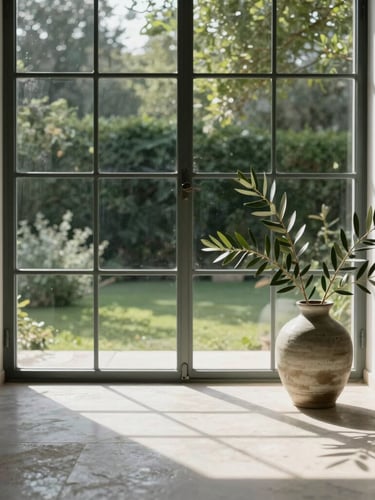 Soft morning light streaming through a large steel-framed window, illuminating a minimalist stone floor, a branch of olive leaves in a ceramic vase, looking out to a lush green garden.