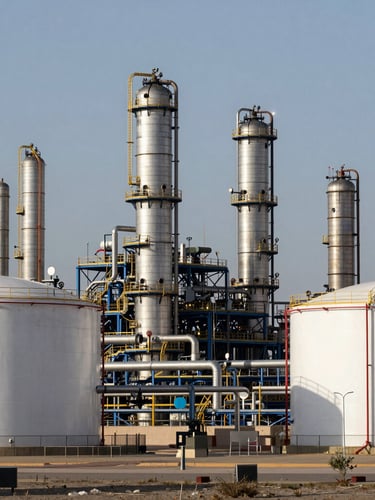 Wide-angle environmental shot of a massive modern petrochemical plant in Turkmenistan under cold, crisp daylight, high-contrast steel pipelines and storage tanks.