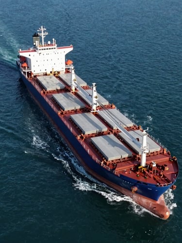 Aerial drone shot of a massive bulk cargo ship navigating through deep blue sea waters, carrying industrial cargo, crisp daylight.