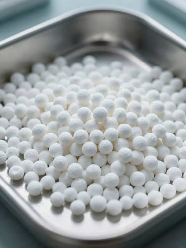 Extreme macro shot of high-purity white Urea prills, perfectly spherical chemical granules resting on a clean steel laboratory tray, sharp focus, technical teal lighting.