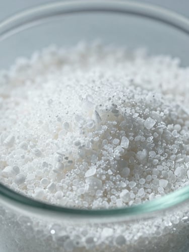 Extreme close-up macro shot of high-purity white Urea fertilizer prills inside a clean laboratory glass container, cold sterile lighting with subtle teal undertones, sharp focus on crystalline texture.