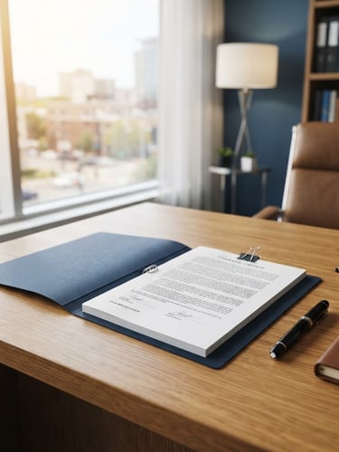 Professional office setting with a clean wooden desk, a legal document folder, and warm sunlight streaming through the window, shallow depth of field, 35mm