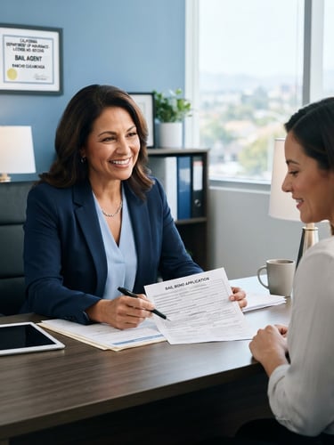 A professional licensed bail bonds agent in a bright, clean Rancho Cucamonga office, reviewing legal documents with a reassuring expression, corporate blue tones.