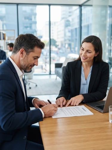 A professional office consultation in bright natural daylight, clean corporate blue tones, a client signing clear documents with a professional agent.