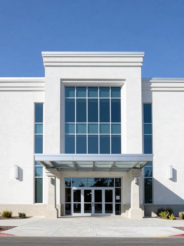 Exterior of the clean, modern Rancho Cucamonga Courthouse under bright daylight, professional architectural photography.