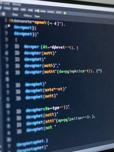 Ultra-close macro photograph of a high-resolution display showing clean developer code lines, cool blue and white light, sharp geometric reflections, laboratory environment.