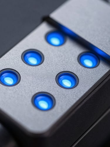 Macro shot of physical-digital interface with sharp focus on crisp glowing blue LED indicators, cool-toned studio lighting, minimalist industrial design