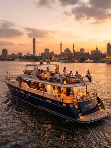 Cinematic wide-angle shot of a luxury private yacht on the Nile river at golden hour sunset, Cairo skyline soft in the background, warm editorial lighting, rich navy and gold tones.