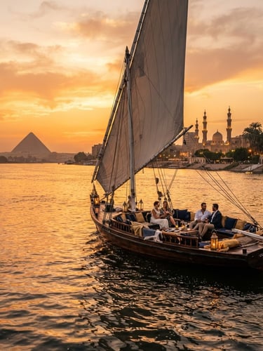 Cinematic wide-angle shot of a luxury private felucca sailing on the Nile in Cairo during golden hour sunset, warm light reflecting on the water, pyramids faintly visible in the far background, premium atmosphere