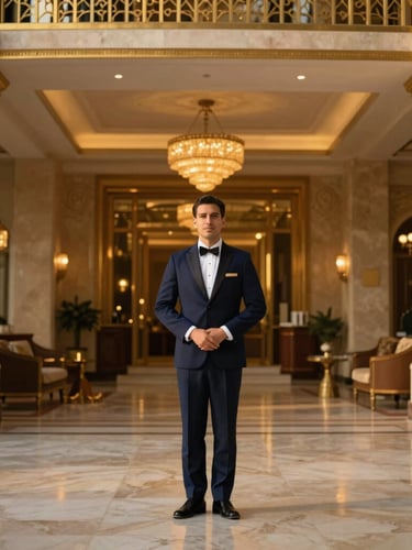 Elegant concierge host in a luxury hotel lobby in Cairo, warm lighting, gold details
