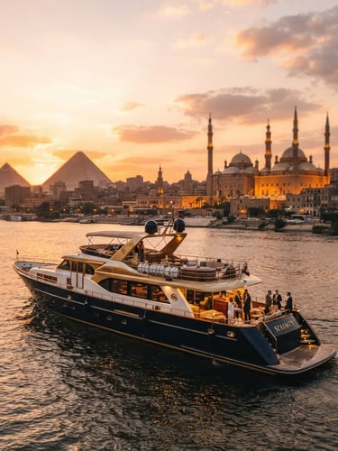 Cinematic wide-angle shot of a luxury private yacht on the Nile in Cairo during golden hour sunset, warm ambient light, soft depth of field, high-end editorial feel.