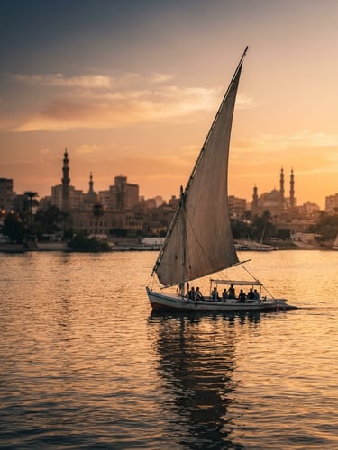 Elegant portrait of Egypt at sunset, warm golden hour light reflecting off the Nile, a traditional wooden felucca sailing gracefully, soft focus Cairo skyline in the background, cinematic 3:4 framing.
