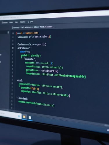 Close-up of a developer monitor displaying clean code and green automated test suite passes, cool crisp studio lighting, 35mm lens