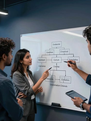 Candid medium shot of software engineers discussing a system architecture diagram on a white board in a cool-lit, modern Chennai office
