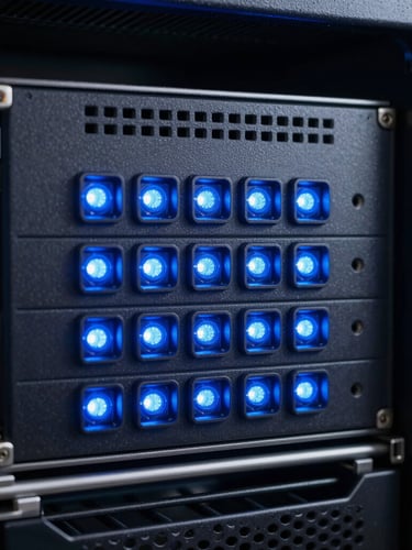 Macro shot of high-end server rack with cool blue diagnostic lights, sharp focus, technical depth of field
